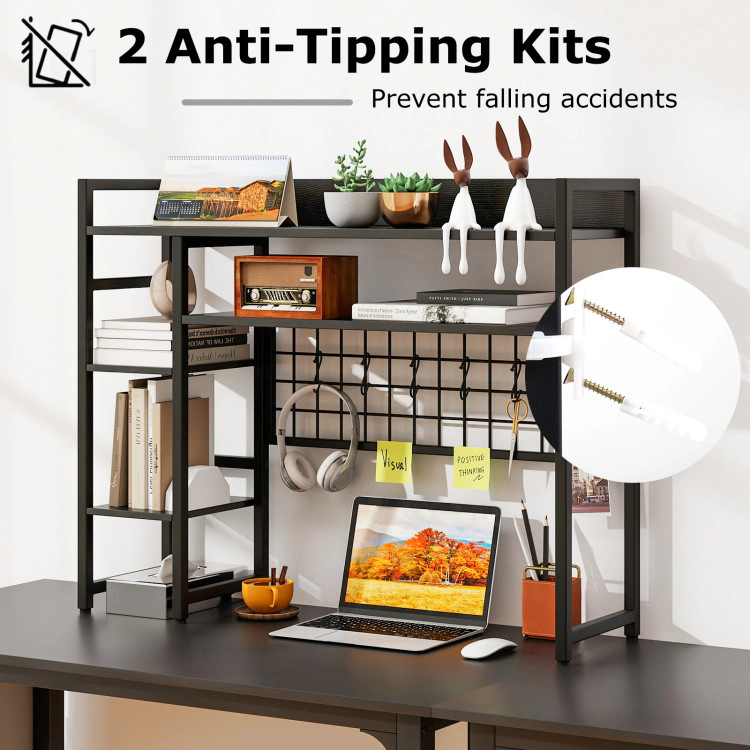 Hivvago 4-Tier Desk Shelf Desktop Display Rack with Metal Grid Panel and 6 Hooks