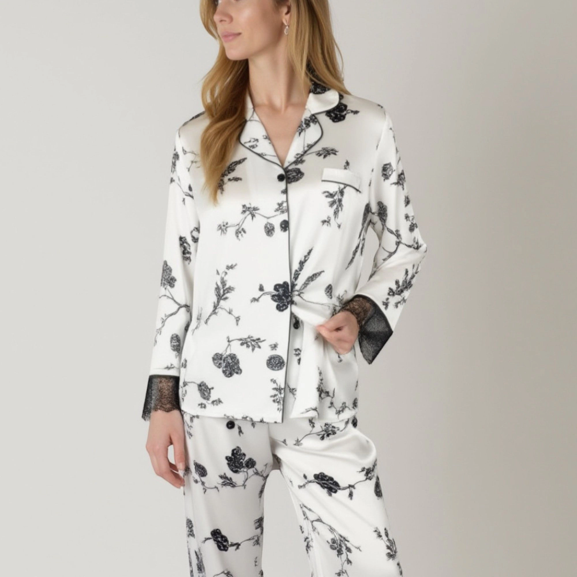 Anna-Kaci Women's Satin Pajama Set with Floral Print and Lace Trim Cuffs Hem