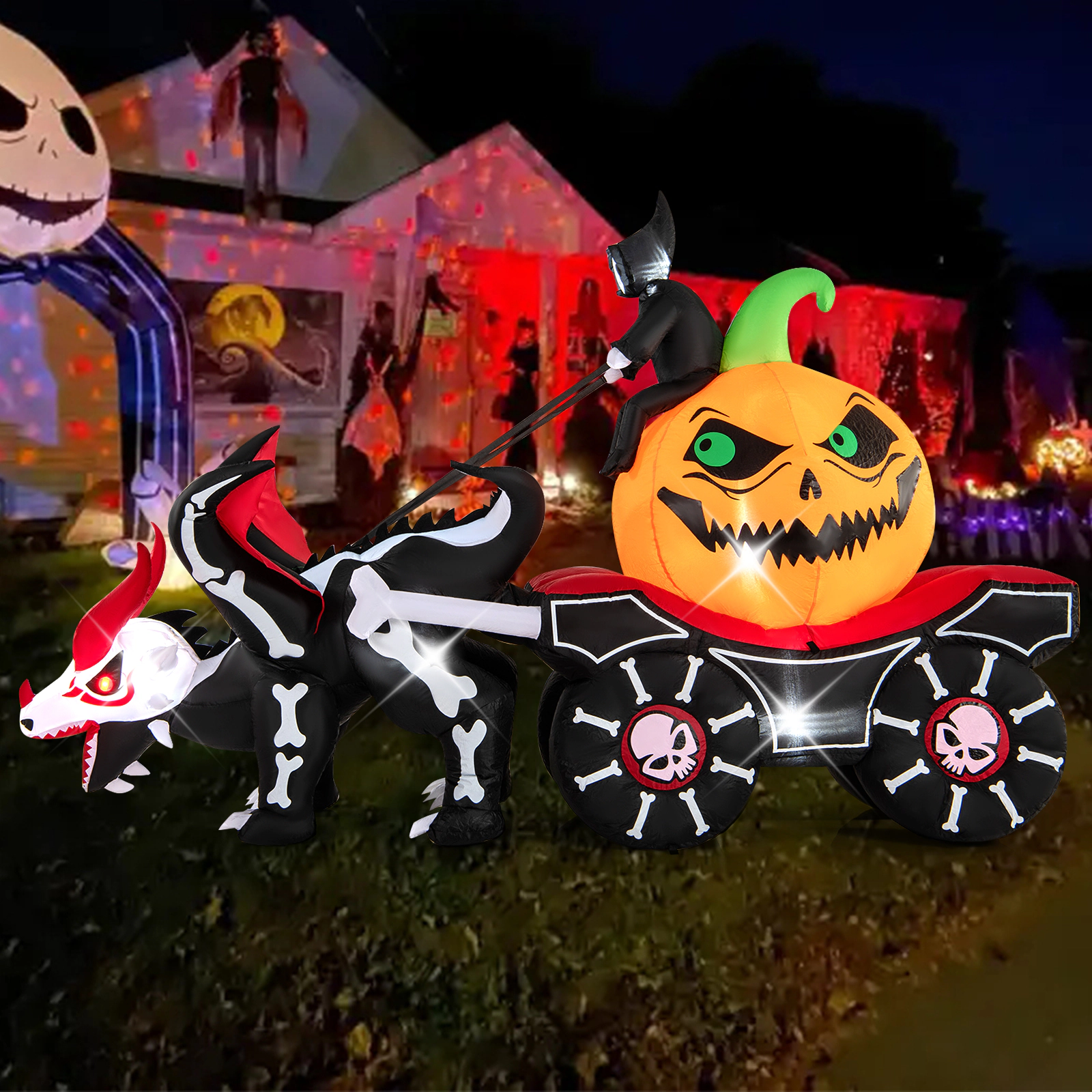 LJG Halloween Inflatable LED Lighted Carriage with Pumpkin and Skeleton Dragon
