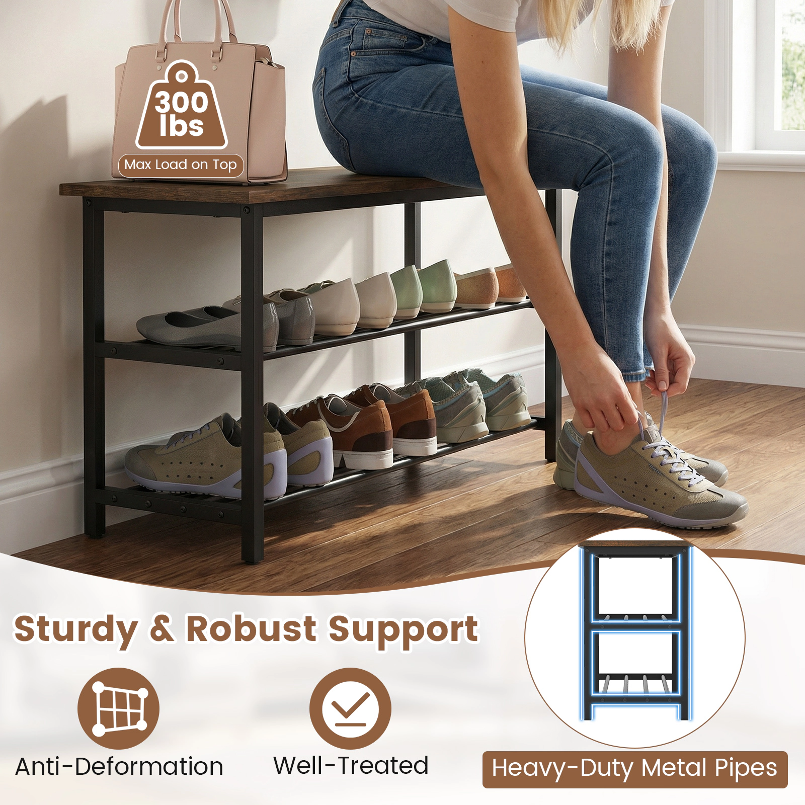 SUGIFT 3-Tier Shoe Rack Bench with Metal Slat Shelves and Long Wooden Seat 300-lb Top Seat Capacity Rustic Brown + Black