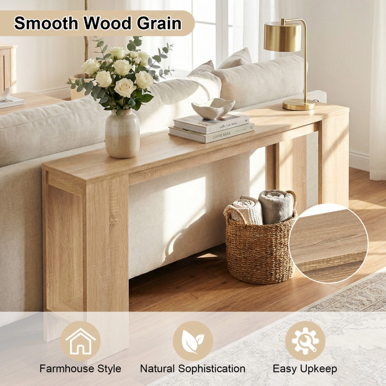 SUGIFT 71-in Extra Long 12-in Narrow 135-lb Capacity Farmhouse Console Sofa Table with Open Bottom Storage
