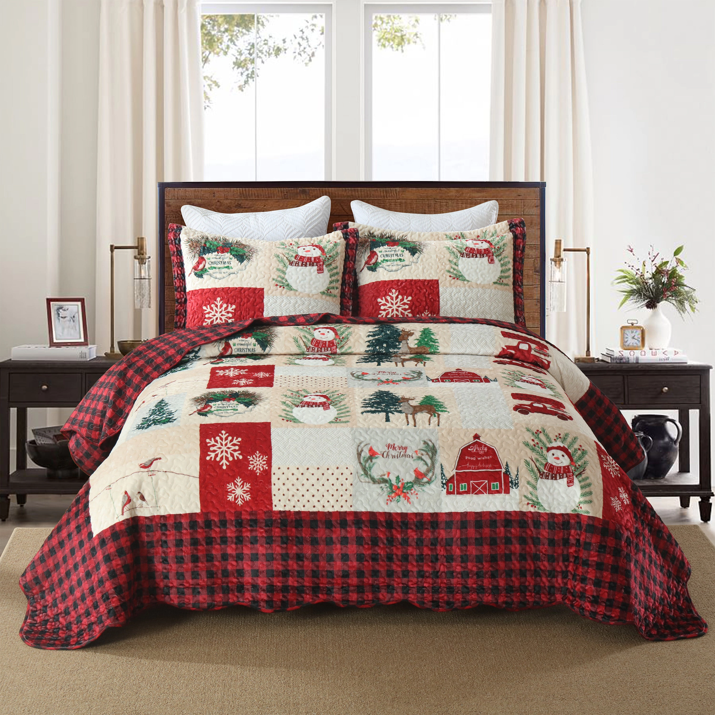 MarCielo 3 Piece Velvet Christmas Quilt Bedspread Set,Holiday Bedding