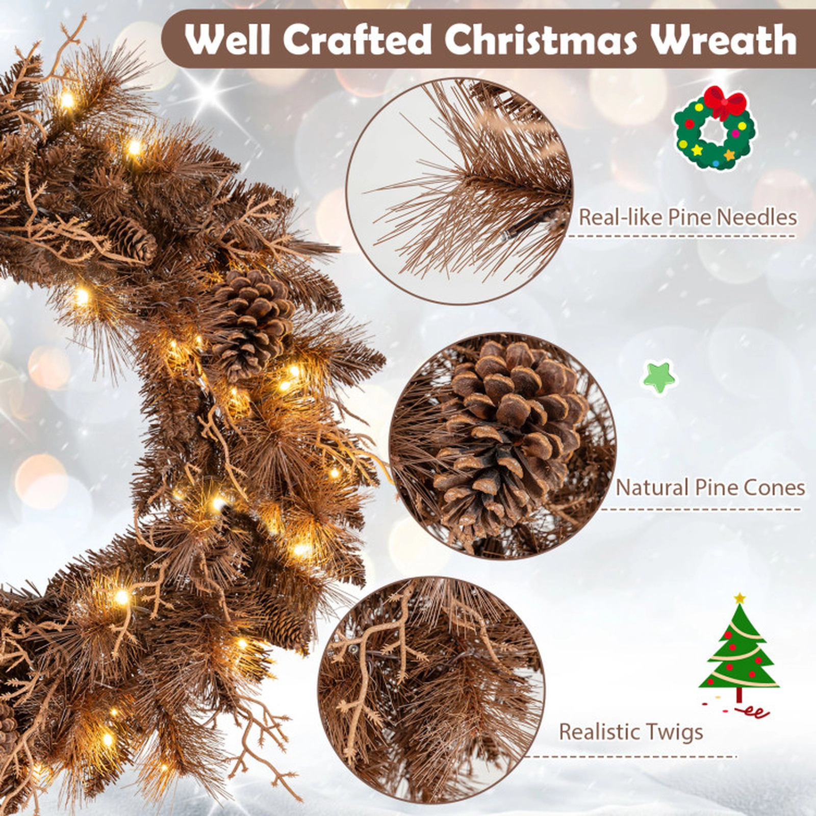 SUGIFT Brown 24-in Pre-Lit Christmas Wreath with 35 Warm White LED Lights 105 Branch Tips and 6 Pine Cones