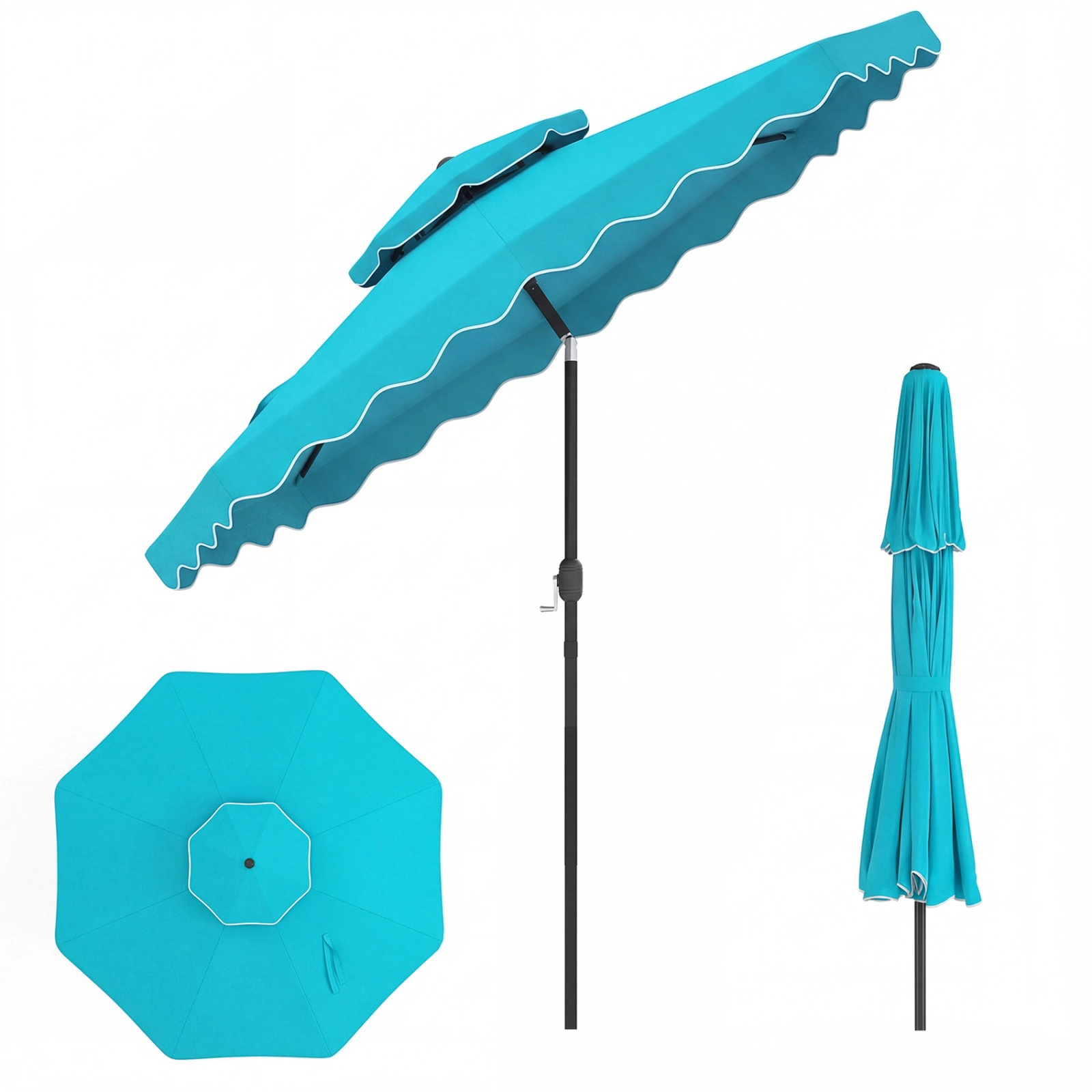 SUGIFT 9-ft Turquoise Patio Umbrella with Push Button Tilt Crank Lift 8 Ribs and Vented Double Top for Deck