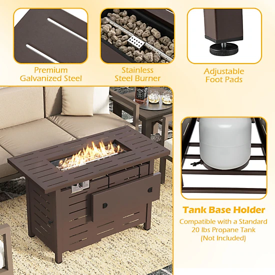 SUGIFT Brown Rectangle Propane Gas Fire Pit Table with Lava Rocks and Removable Lid 40-in W 20-in D 25-in H