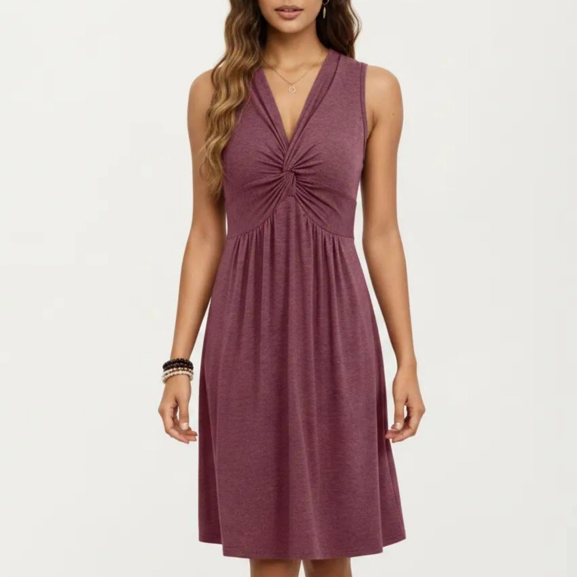 Anna-Kaci Women's Sleeveless V Neck Front Twist Detail Flowy A Line Silhouette Midi Dress