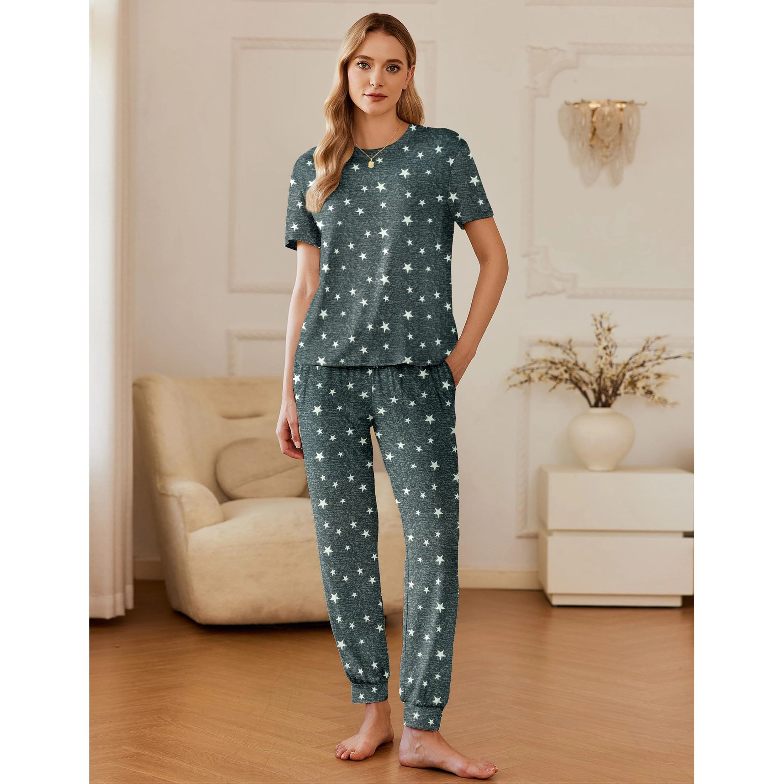 Ekouaer Women's Crew Neck Short Sleeve Pajama Set with Pockets