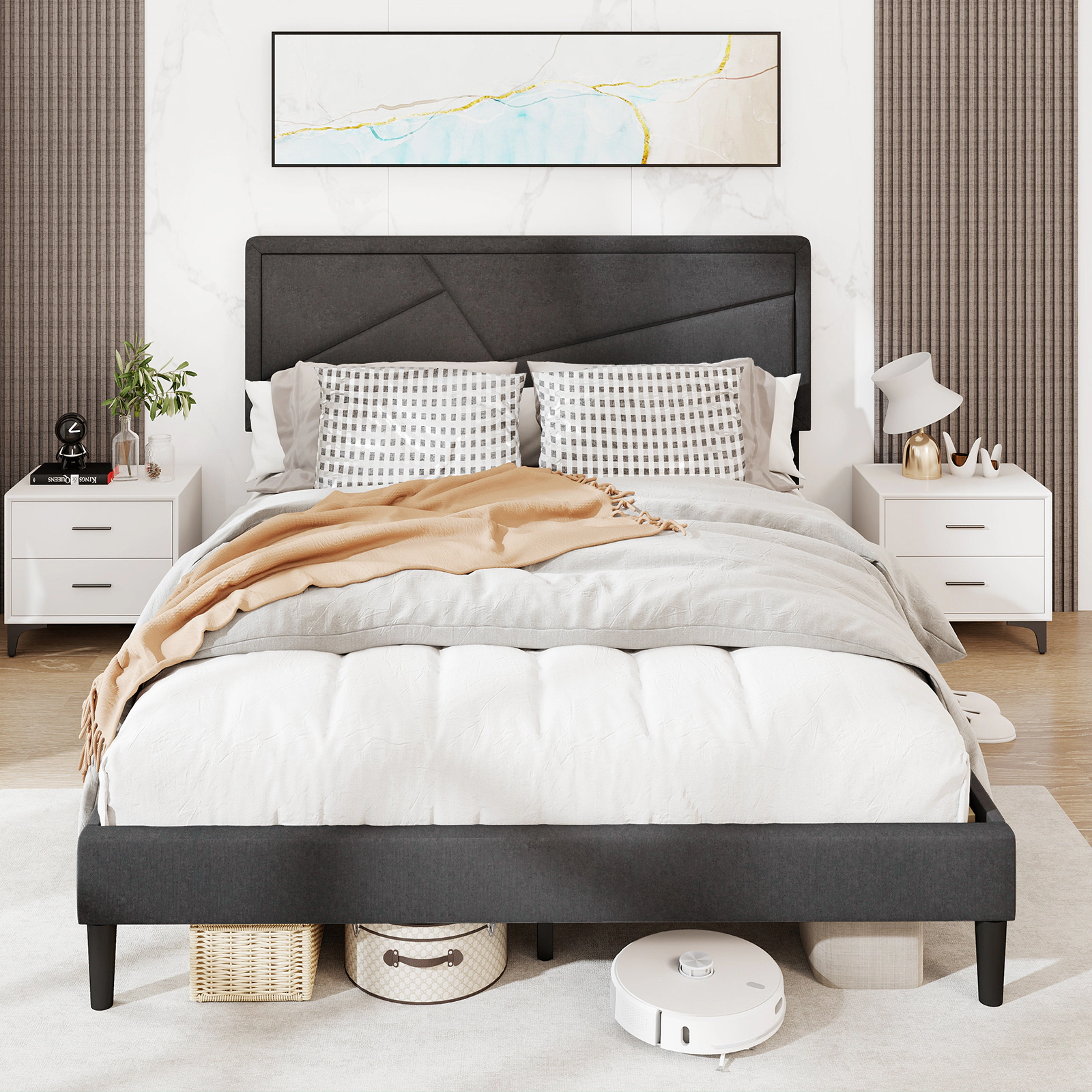 SUGIFT Queen Upholstered Platform Bed with Tall Headboard, Gray