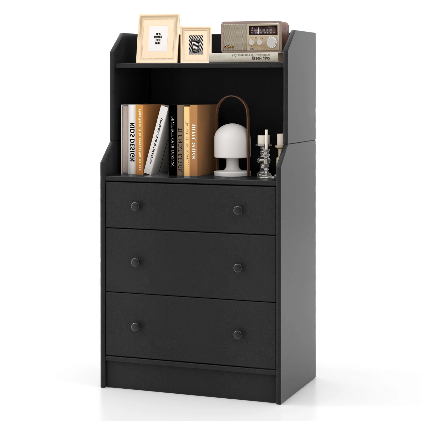 SlickBlue 3 Drawer Storage Dresser with Open Shelves for Bedroom