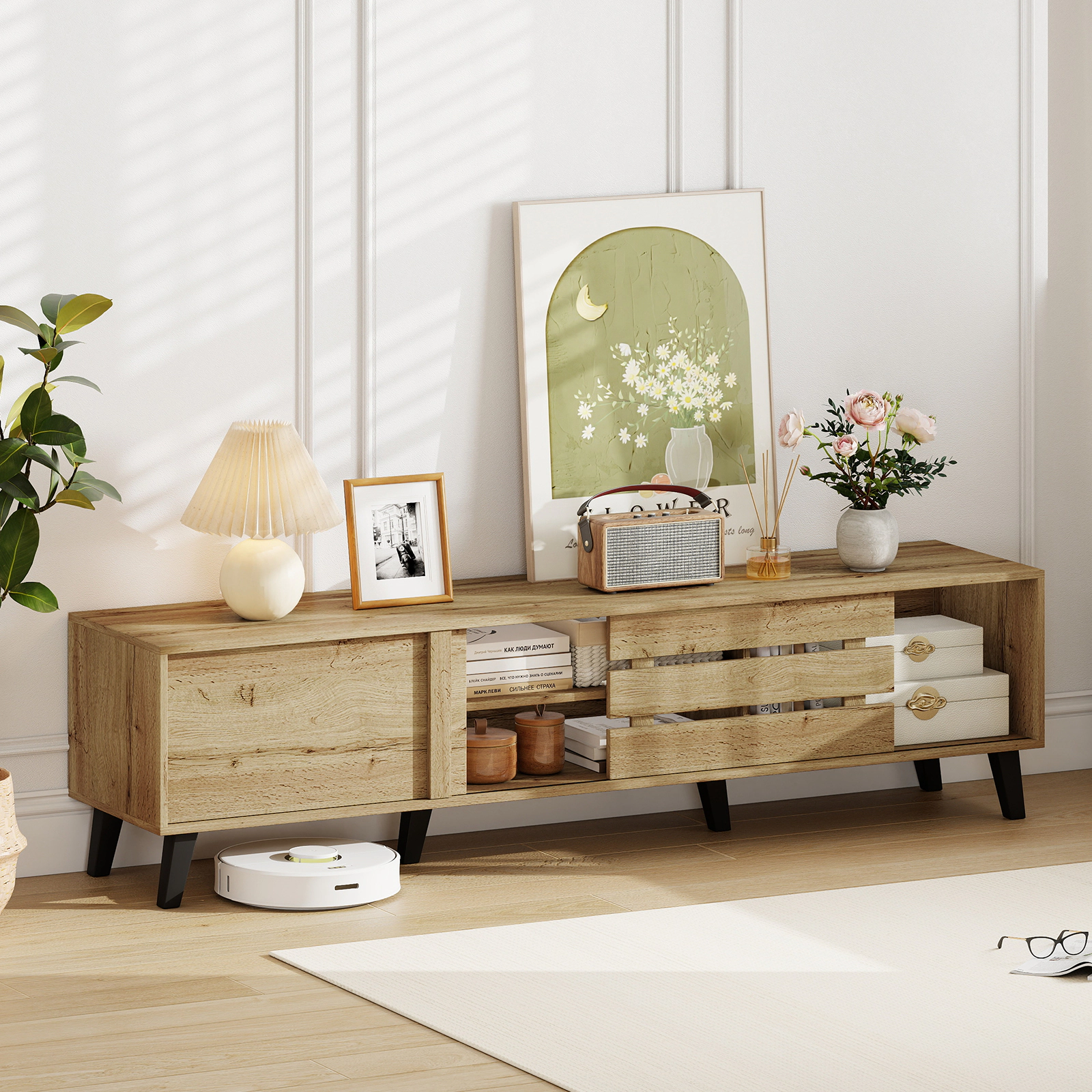 LJG Mid Century Modern TV Stand for 80 Inch TVs with Sliding Door Cabinets and Storage Shelves