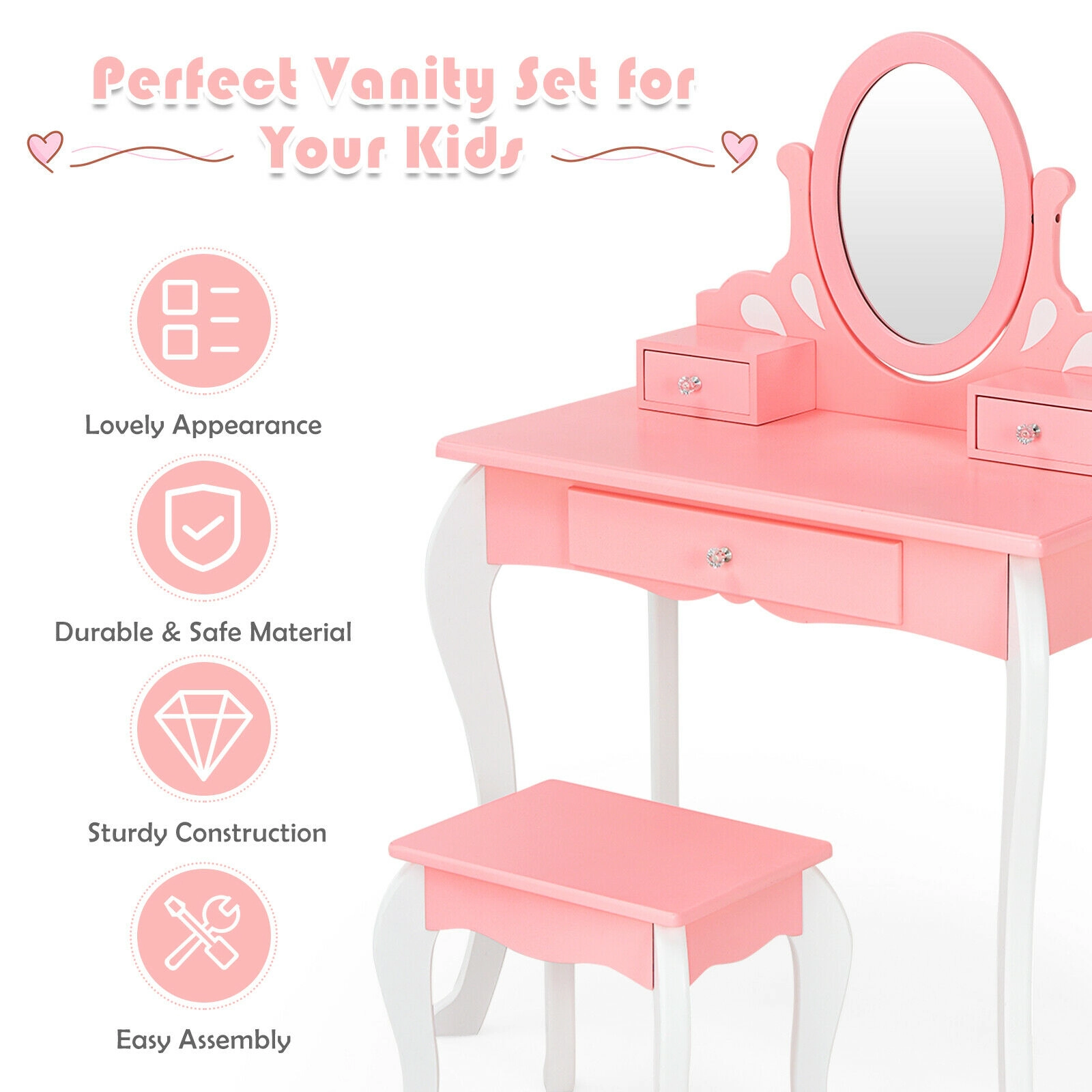 SUGIFT Kids 360-Degree Rotating Detachable Mirror Vanity Table and Stool Set 27.5-in x 13-in x 39-in 44-lb Pink