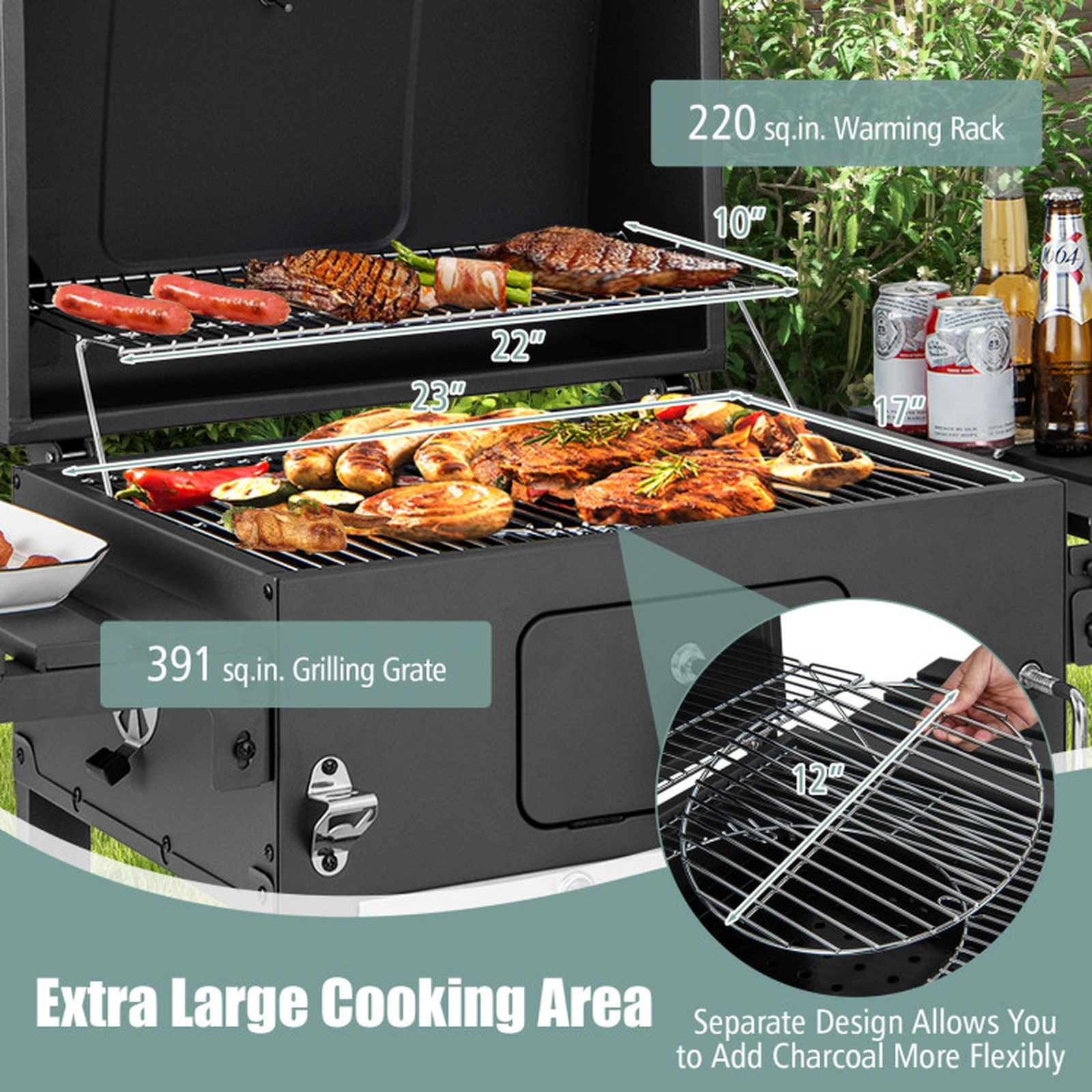 SUGIFT Black Outdoor Charcoal Grill with 2 Foldable Side Tables and Wheels 50.5-in W 21-in D 46-in H