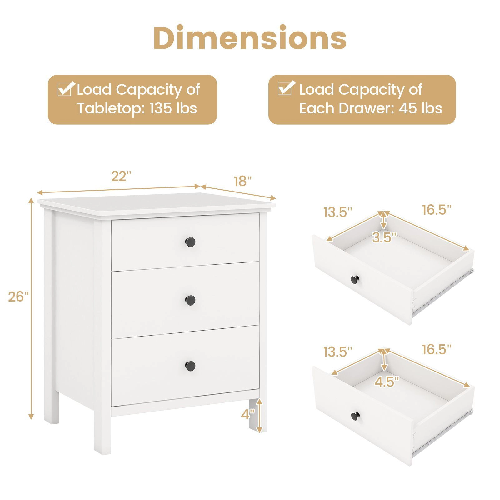 SlickBlue Modern 3-Drawer Bedside Table with Storage and Smooth Slides