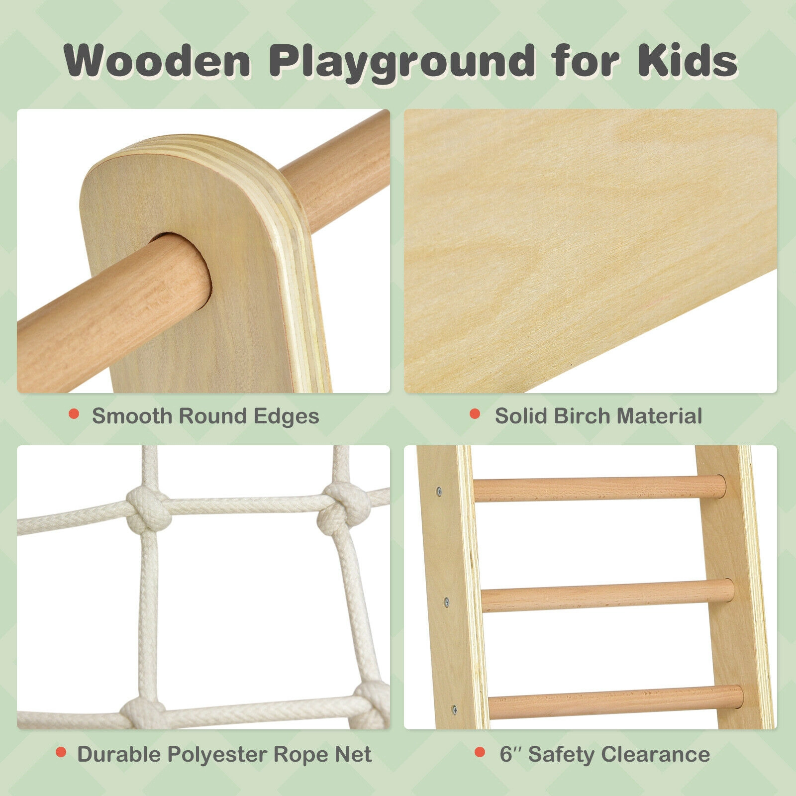 SUGIFT Natural 49 Inch for Children 8-in-1 Wooden Indoor Playground Climbing Gym Playset