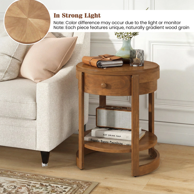 Hivvago Wooden 2-Layer Accent Table with Drawer and Round Design for Bedroom or Living Room