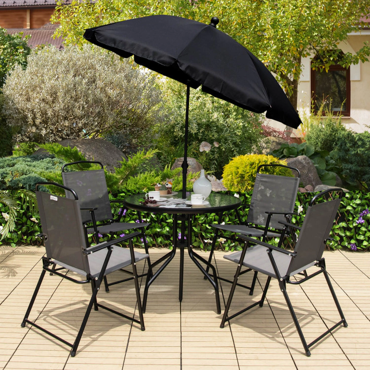 Hivvago 6 Pieces Patio Dining Set Folding Chairs Glass Table Tilt Umbrella For Garden