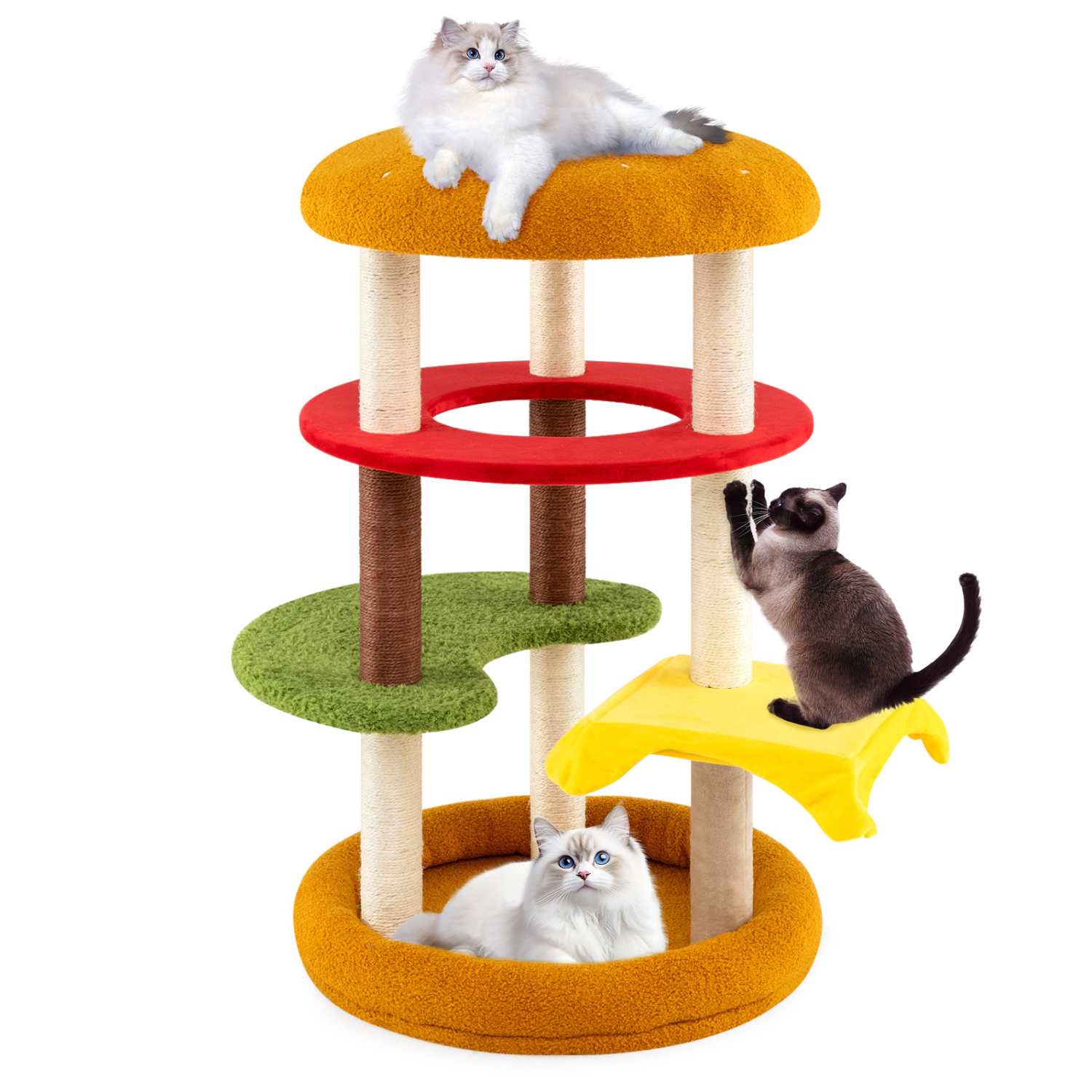 LJG 42 Inch Tall Modern Cat Tree Multi-Level with Padded Perch and Cat Bed