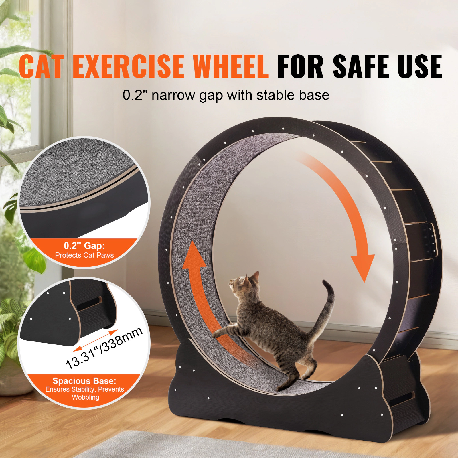 HONGGE 43.3-Inch Wooden Cat Exercise Wheel for Cats Up to 25 lbs, Quiet Indoor Running Wheel, Black