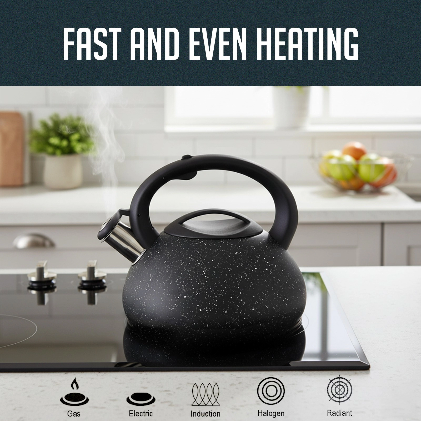 Luminuxe Stainless Steel Whistling Tea Kettle, 2.4qt Fast Boil Pot with Heat Resistant Handle, Tapered Marble Finish