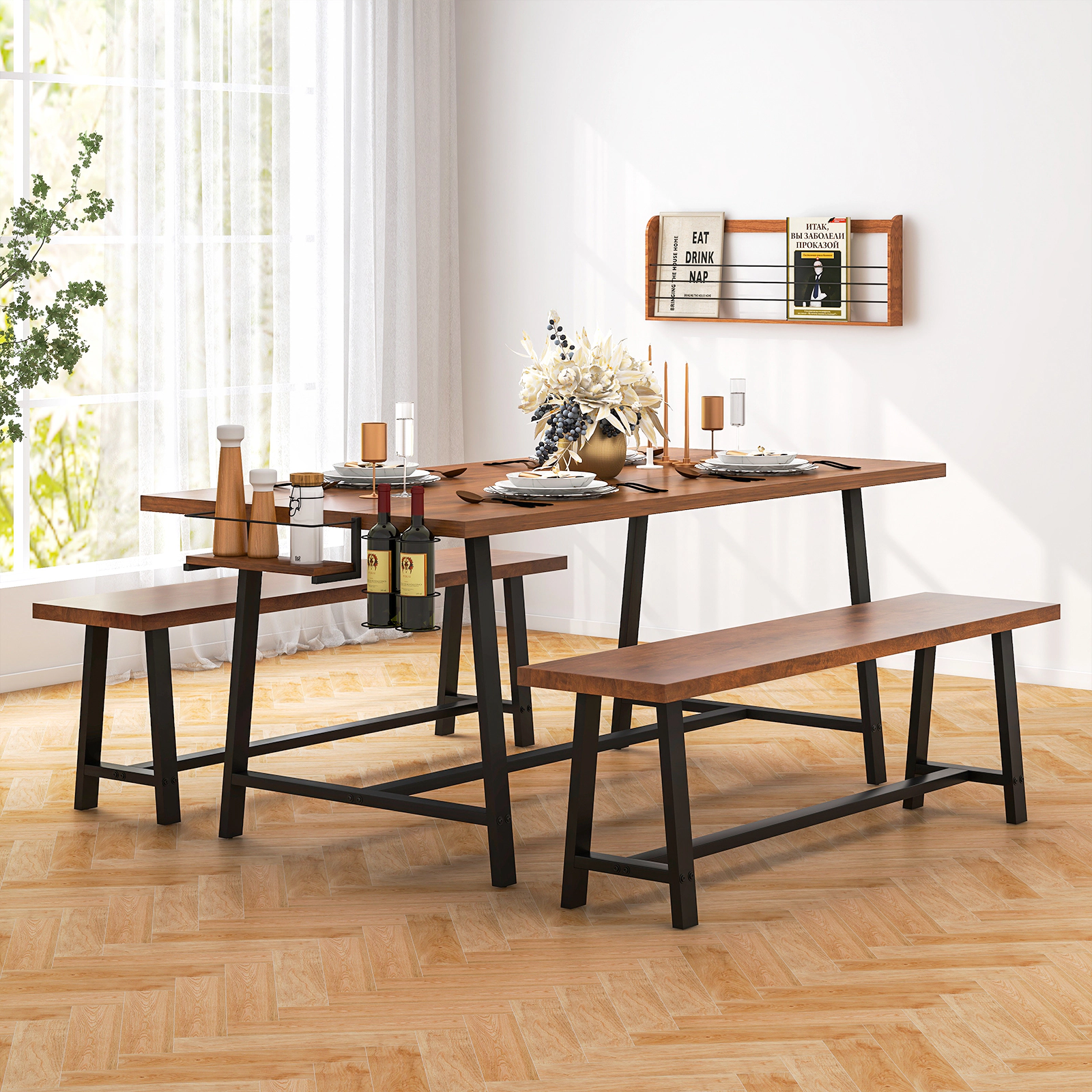 LJG Dining Table Set for 5-7 with 2-Bottle Wine Rack and Condiment Holder