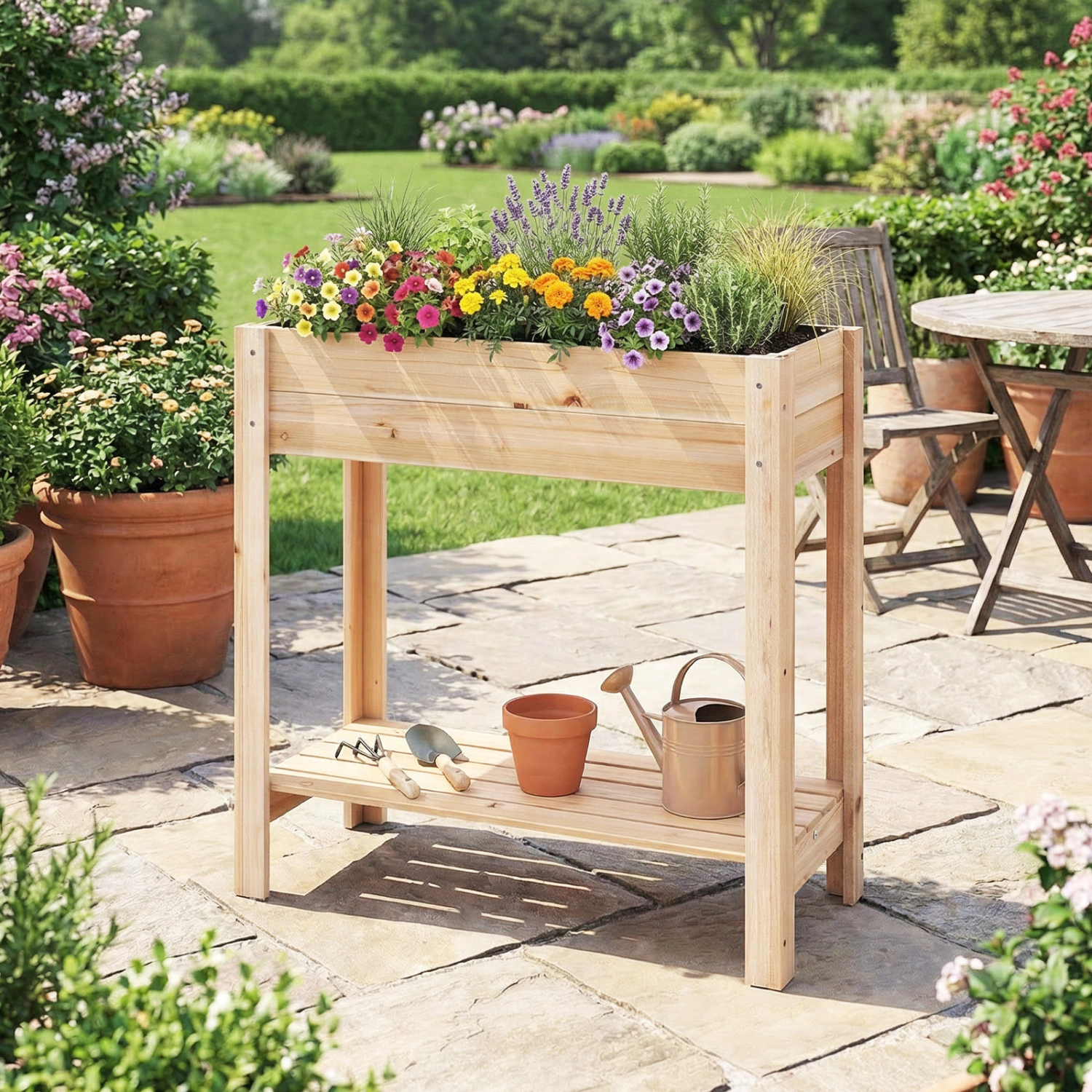 LJG Wooden Raised Garden Bed with Legs and Storage Shelf