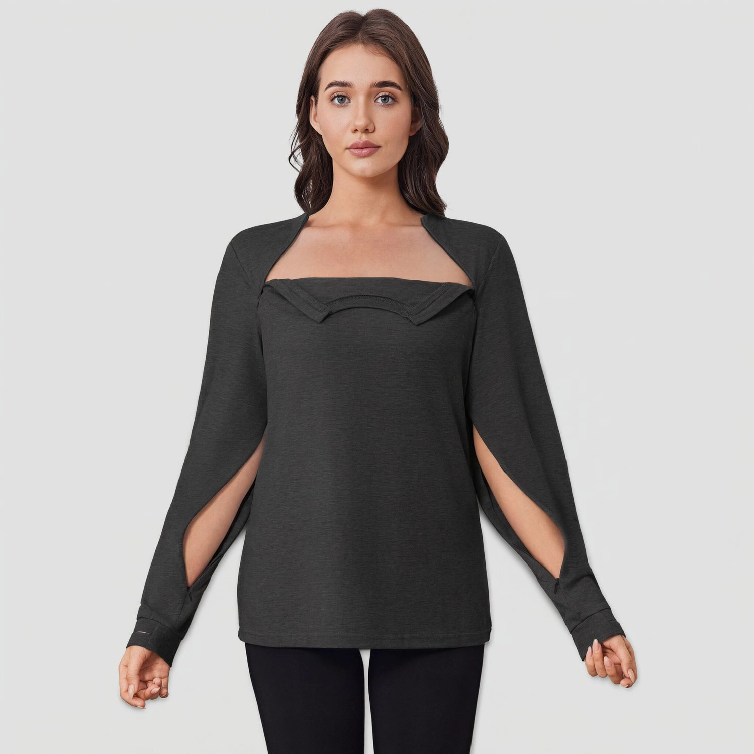 Pinspark Womens Layered Long Sleeve Blouses Square Neck Slit Casual Tunics