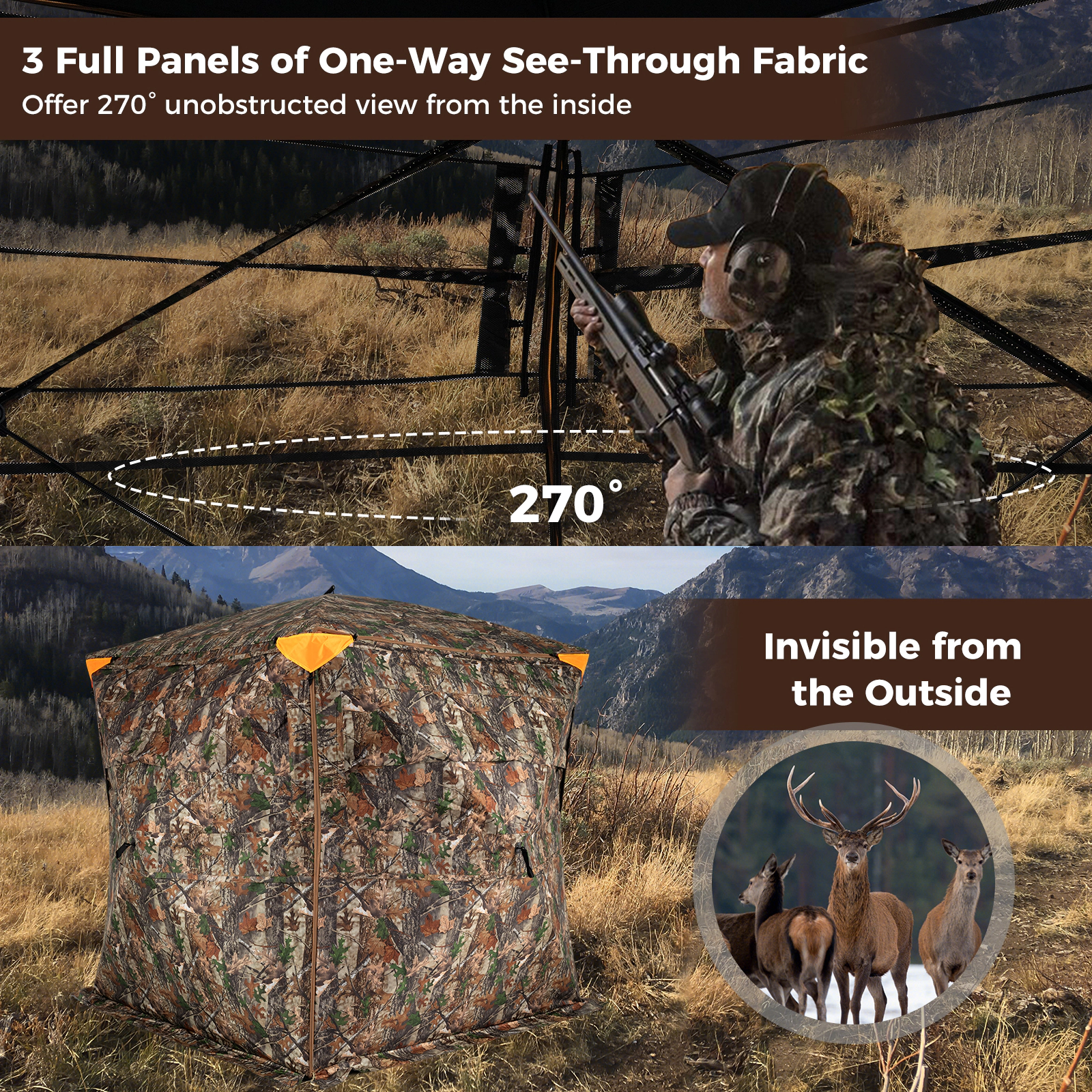 LJG 3-4 Person Hunting Blind 270° See-Through Pop-up Ground Blind with Full-Open Swing Door