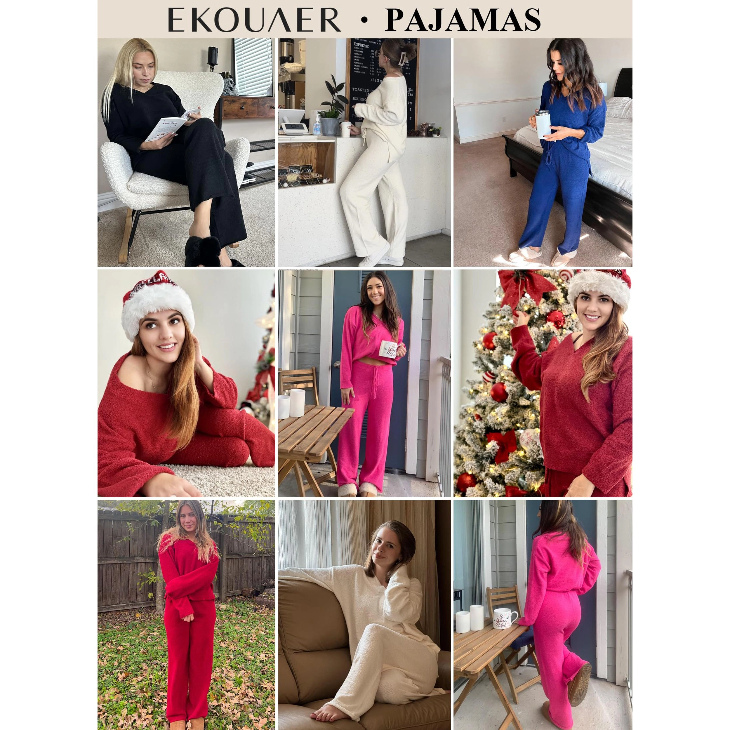 Ekouaer Womens Pajamas Outfits Winter Long Two Piece Loungewear V Neck Sweater Top and Pants Set