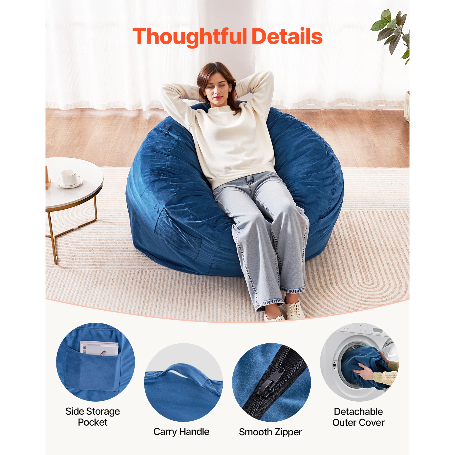 HONGGE Round Bean Bag Chair with Removable Washable Cover for Adult, Dutch Velvet and High-Density Foam Filling