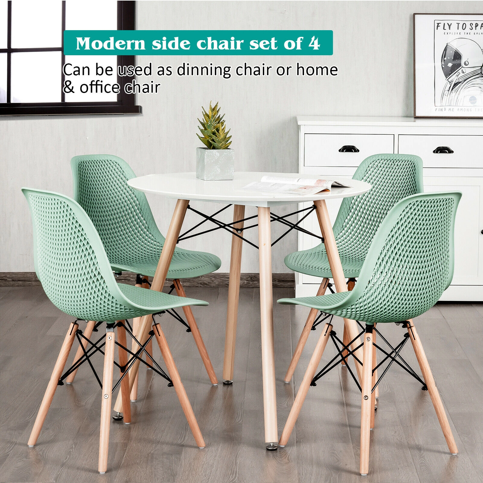 SUGIFT Modern Mesh Plastic Dining Side Chair Set with Beech Wood Legs 331-lb Capacity Green 4-Piece
