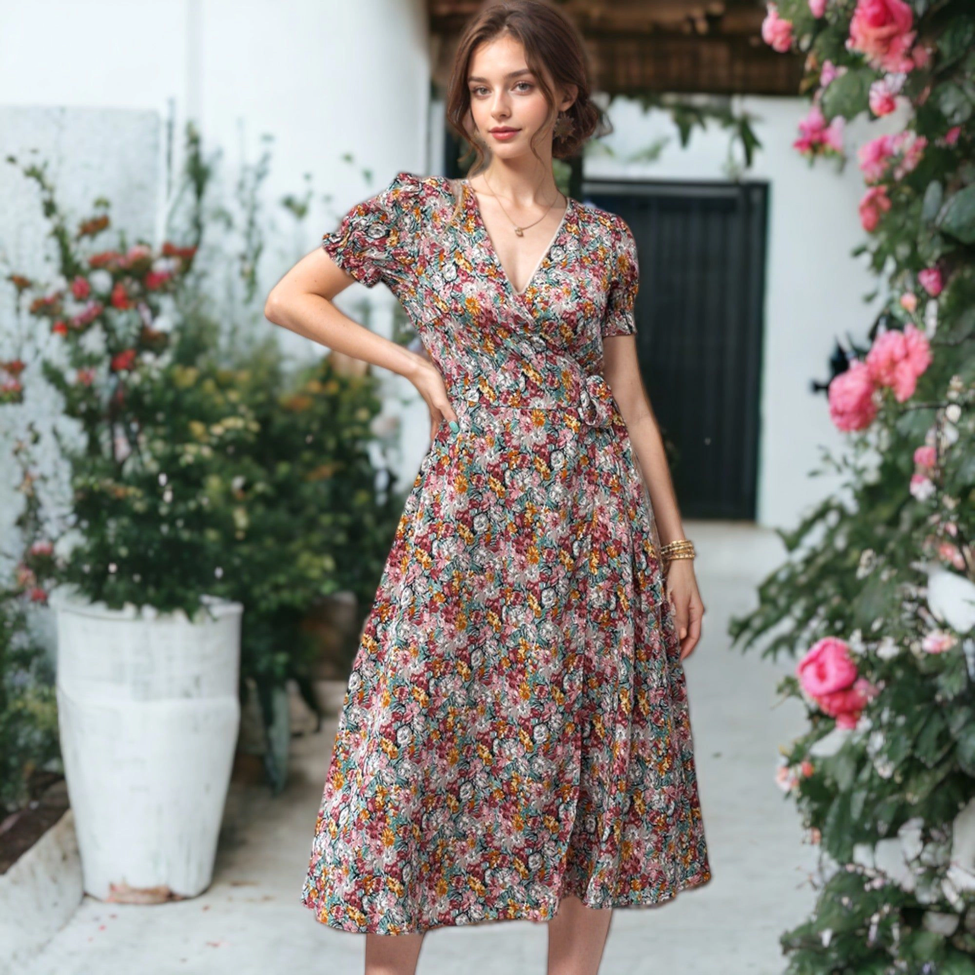 Anna-Kaci Surplice V-Neck Floral Midi Dress with Puff Sleeves