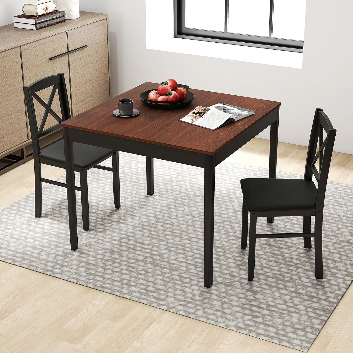 LJG 3-Piece Dining Table Set Wooden Square Kitchen for 2 People
