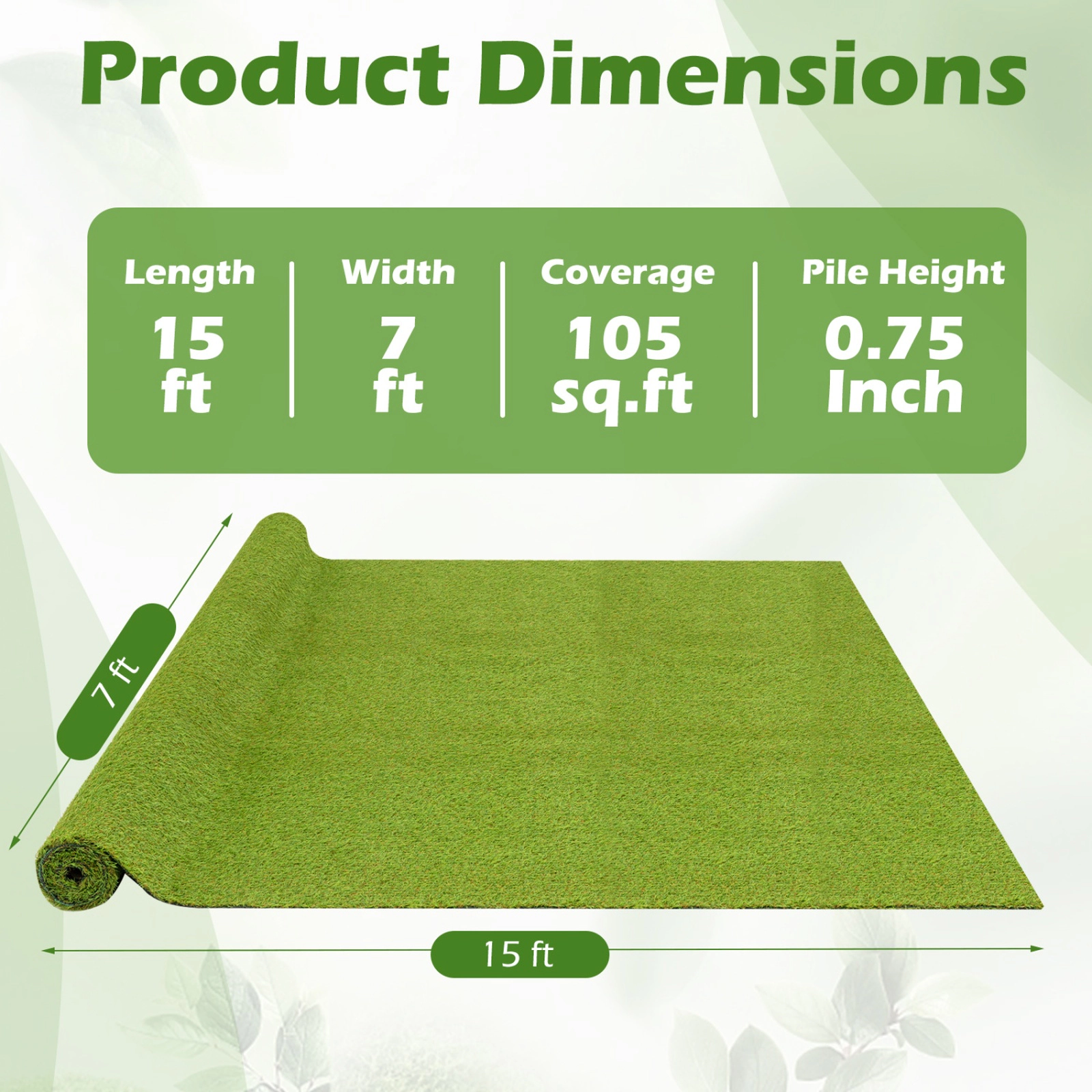 SUGIFT 15-ft x 7-ft 0.75-in Low Pile Indoor Outdoor Non-Shedding Artificial Grass Turf Rug with Drainage Holes