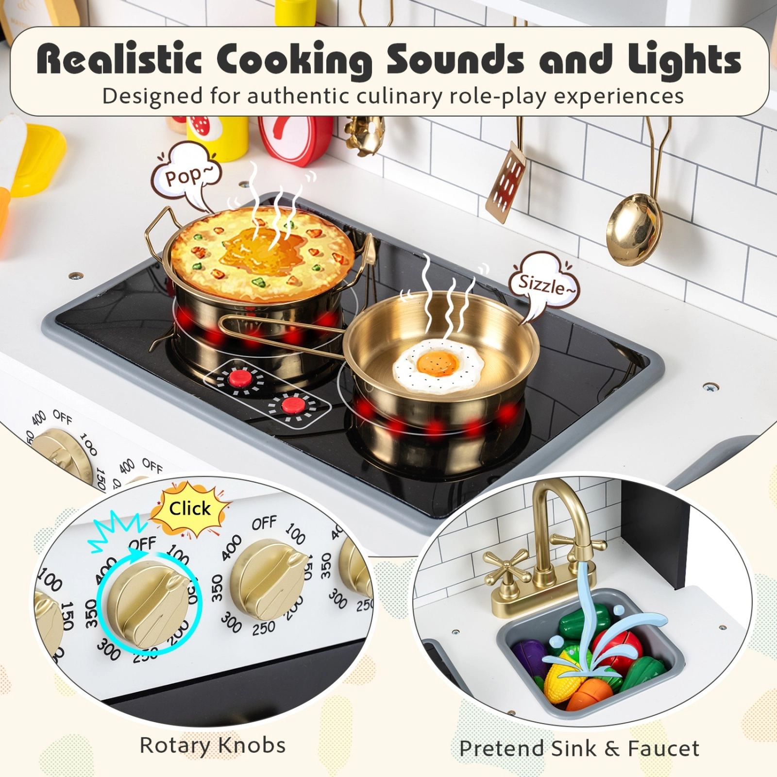 Wooden Play Kitchen for Kids Lighted Stoves Ice Maker Coffee Maker Dishwasher Clock 33.5-in x 11.5-in x 34.5-in Black