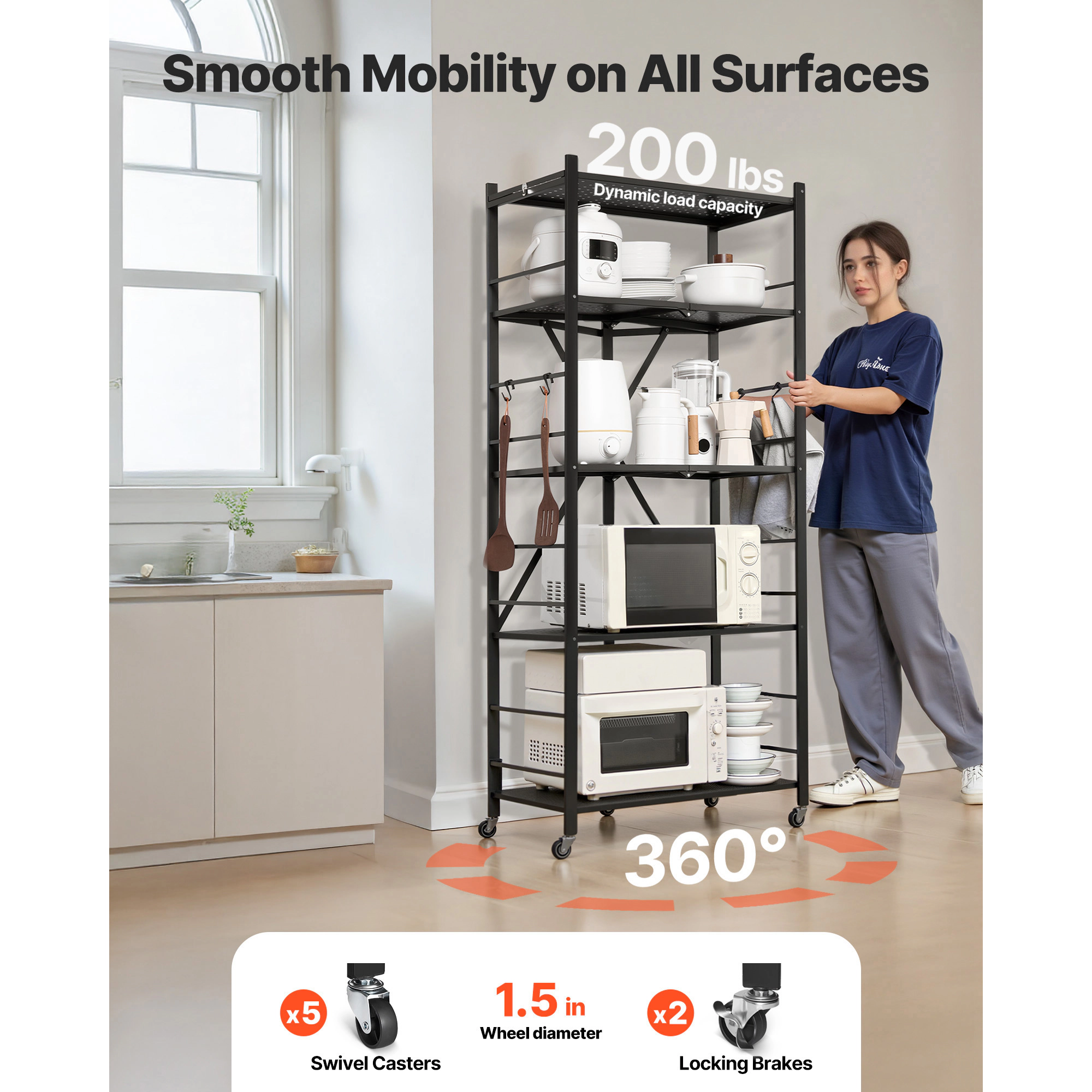 Flynama Folding Storage Shelf with Wheels 5-Tier Metal Shelving Unit Black
