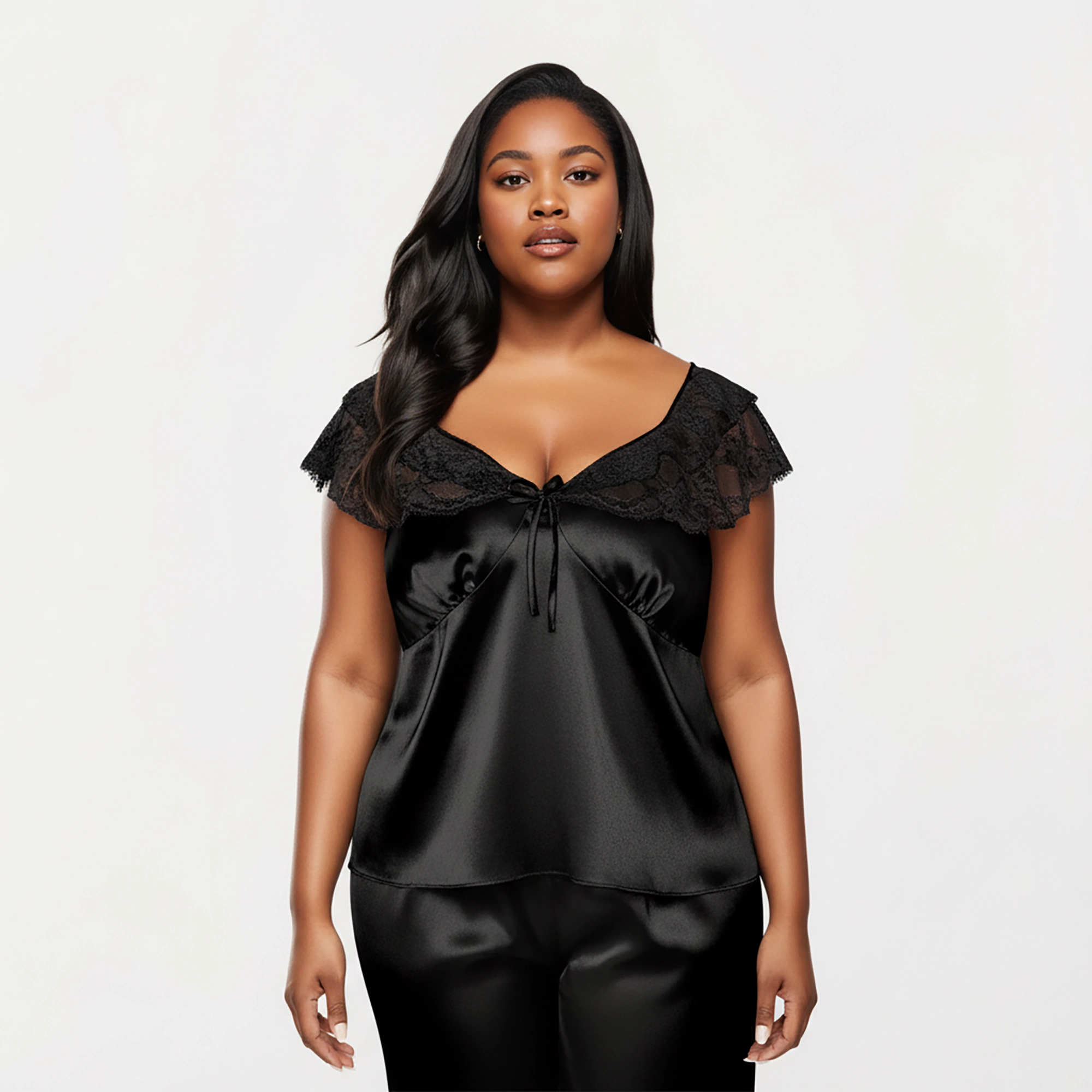 Anna-Kaci Women's Plus 2-Piece Satin Lace Trim Sleep Top and Wide Leg Pants with Soft Draping Silhouette