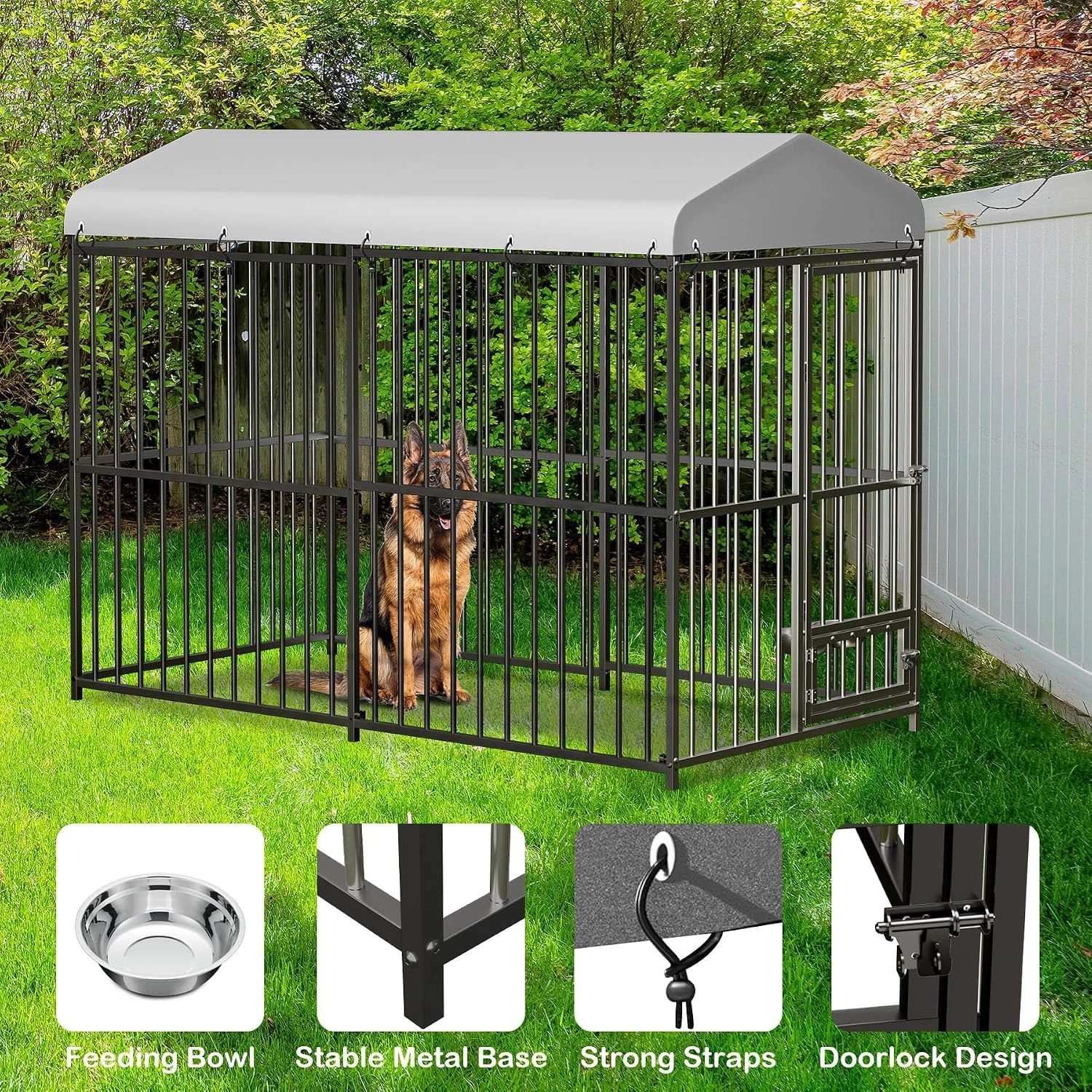 8x4x6 FT Outdoor Dog Kennel, Metal Pet Enclosure with Waterproof Roof & Swivel Feeder