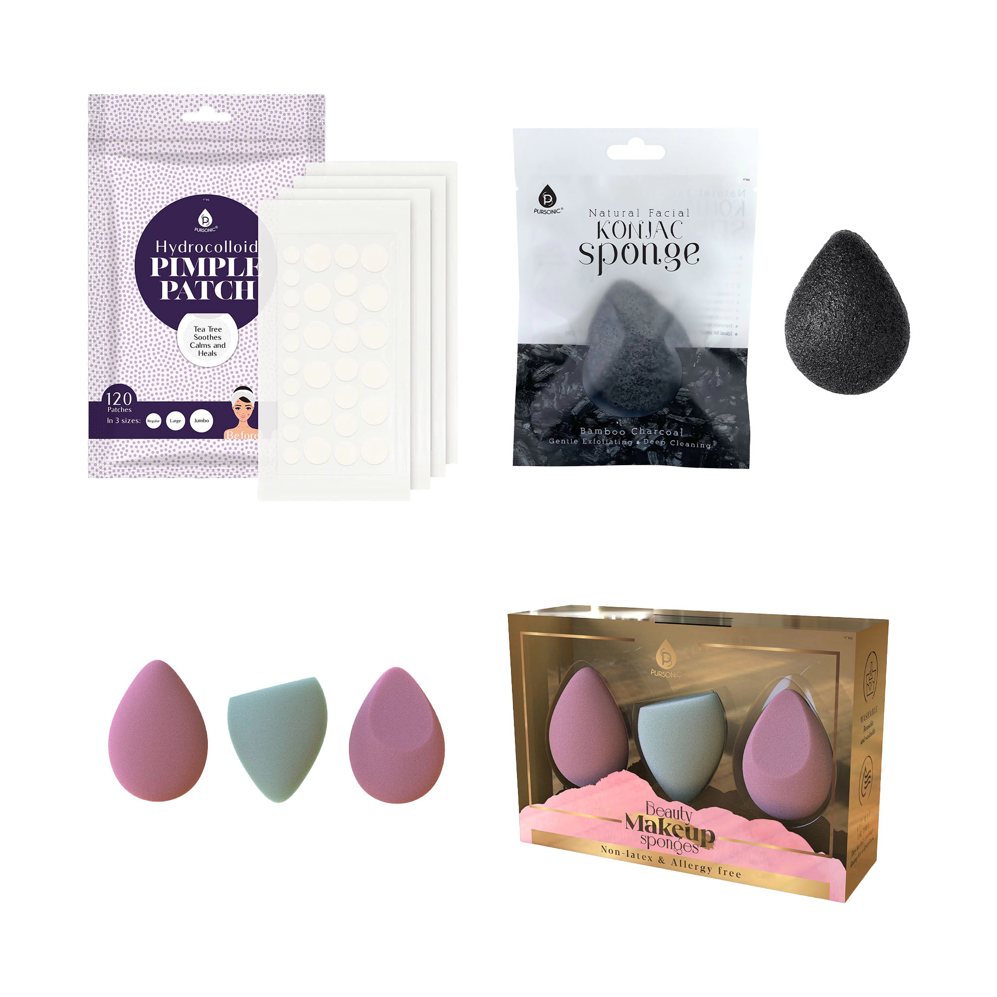 Pursonic Women’s Beauty & Skincare Essentials Bundle: Makeup Sponges, Konjac Facial Sponge & Pimple Patches