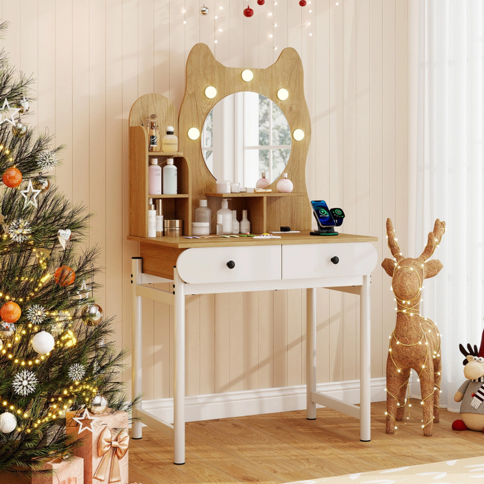 SUGIFT Small Vanity Desk with Round Lighted Mirror Kitty Design Metal Stand and Power Outlets for Teens