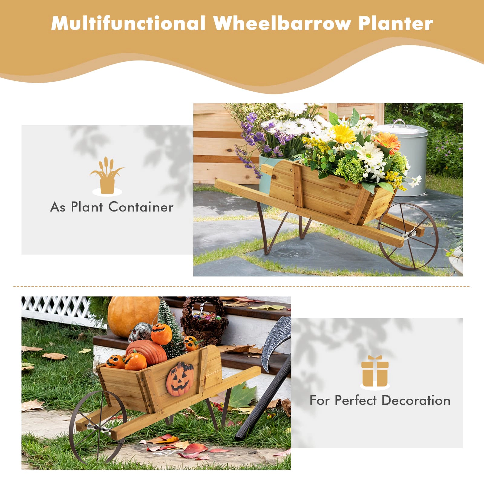 SUGIFT Wooden Wagon Planter Wheelbarrow with 9 Magnetic Accessories 11-lb Capacity Walnut/Red/Blue