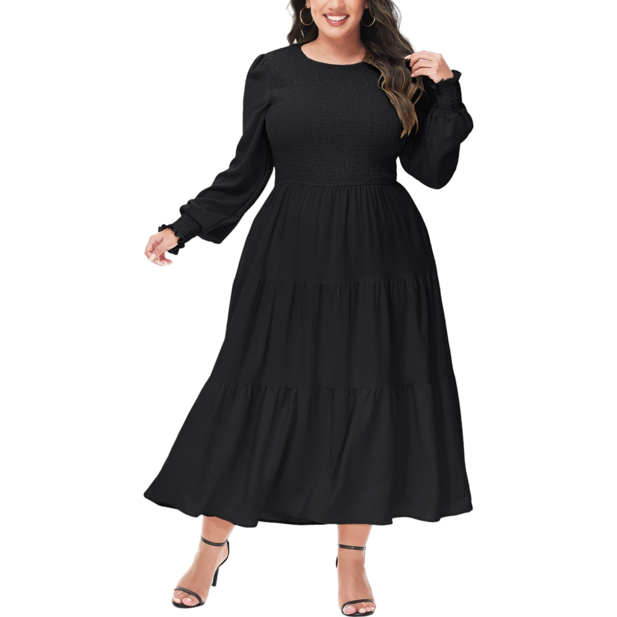 Anna-Kaci Womens Plus Smocked Chest Round Neck Flowy Tiered Maxi Dress