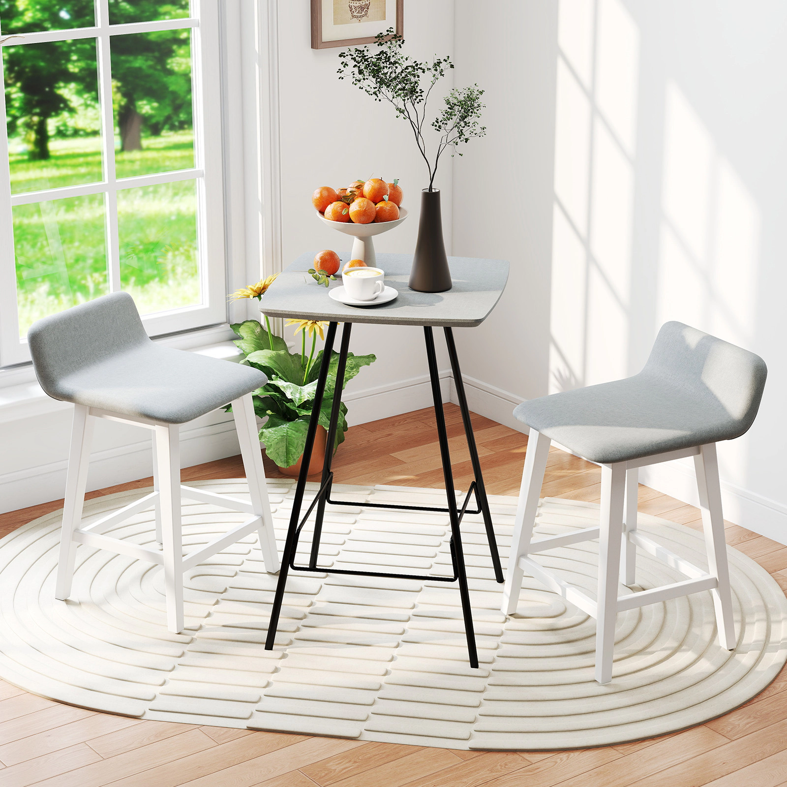 SUGIFT Set of 2 24-Inch Counter-Height Bar Stools, Low-Back Faux Linen Seats, Rubber Wood Legs
