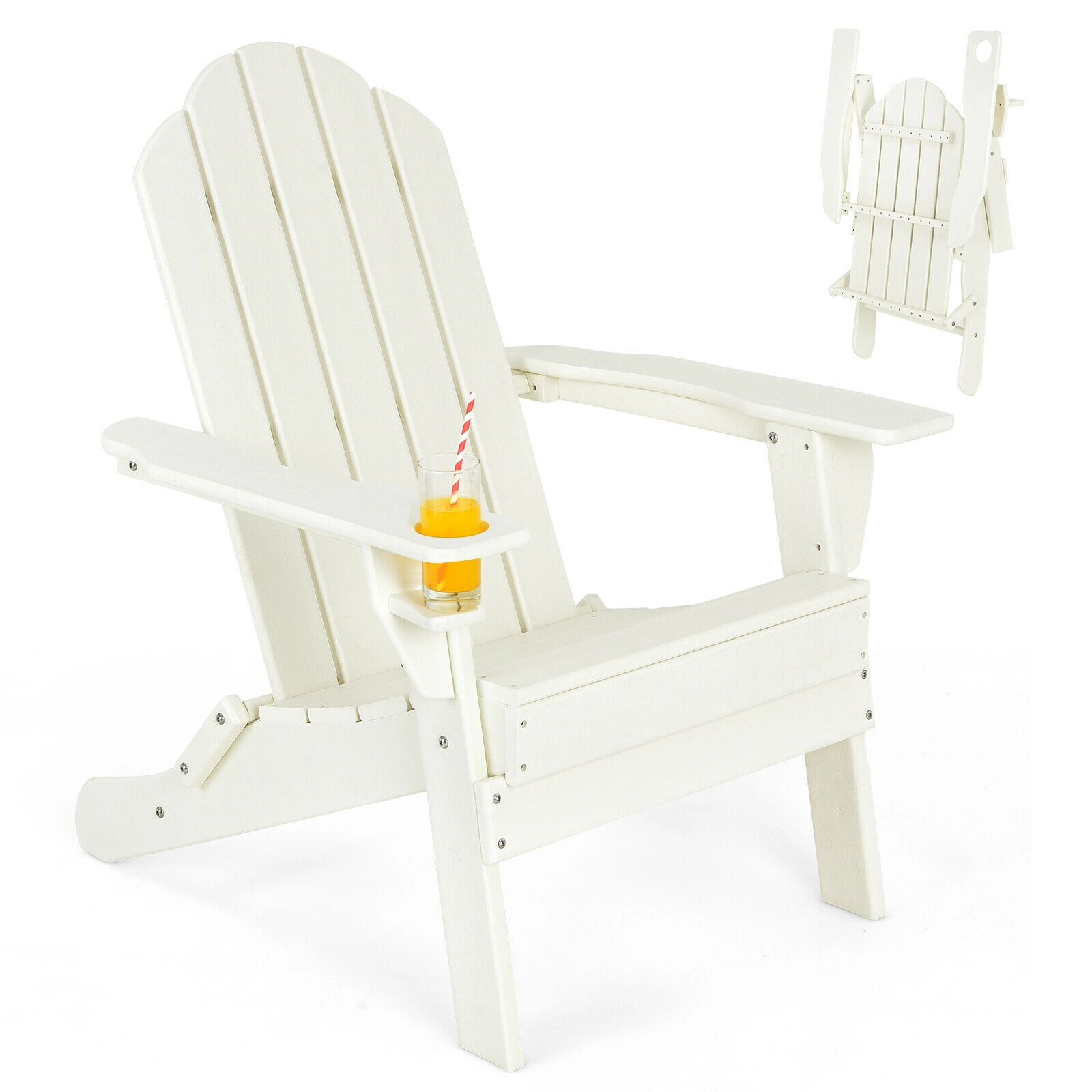 SUGIFT Foldable Weather Resistant PE Adirondack Patio Chair with Cup Holder 330-lb Capacity White