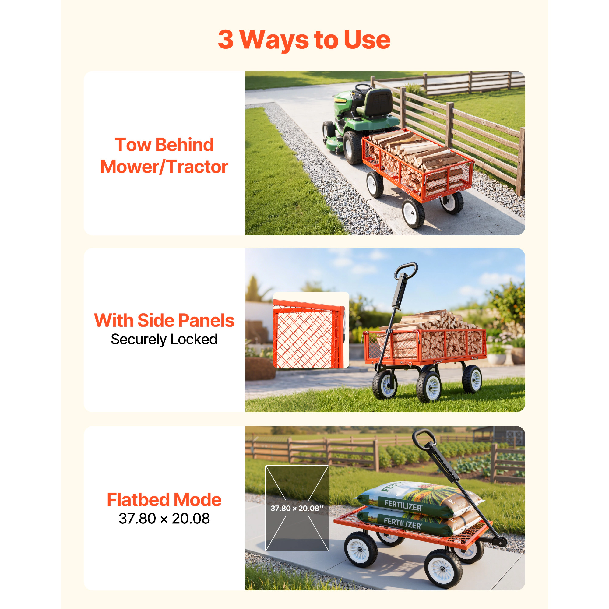 HONGGE Garden Cart 900 LBS Heavy Duty Steel Yard and Garden Utility Wagon with 10-Inch Tires Outdoor Gardening Stool