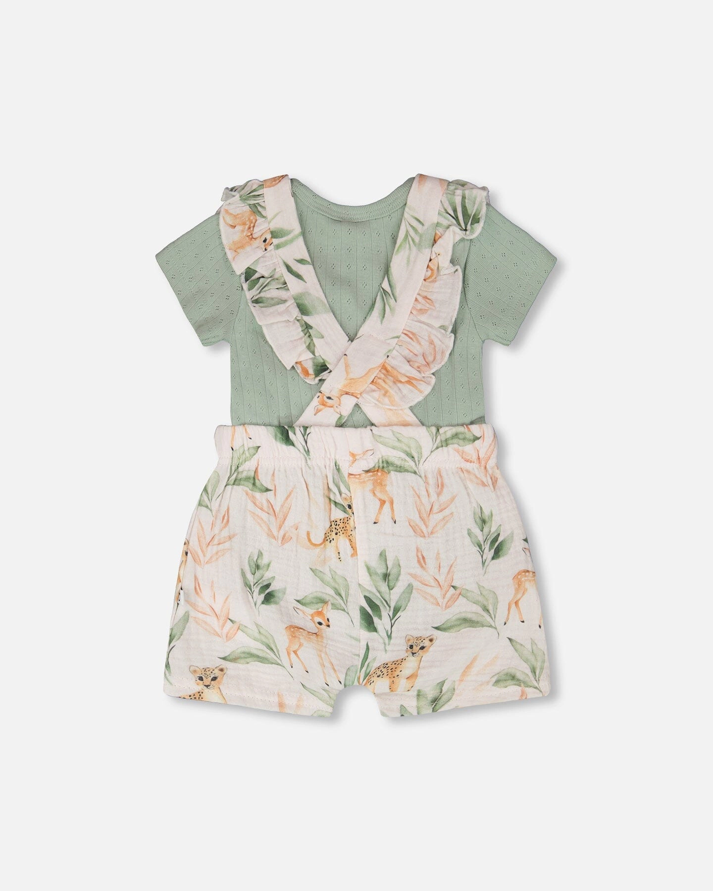 Deux par Deux Girls Pointelle Onesie and Cotton Muslin Shortall Set Deer Print