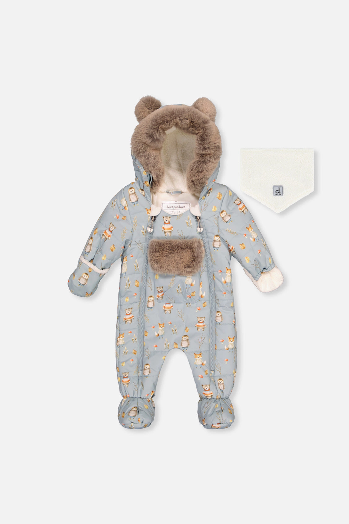 Deux par Boys Animal Print One Piece Snowsuit Adapted for Car Seats with Bear-Ear Hood