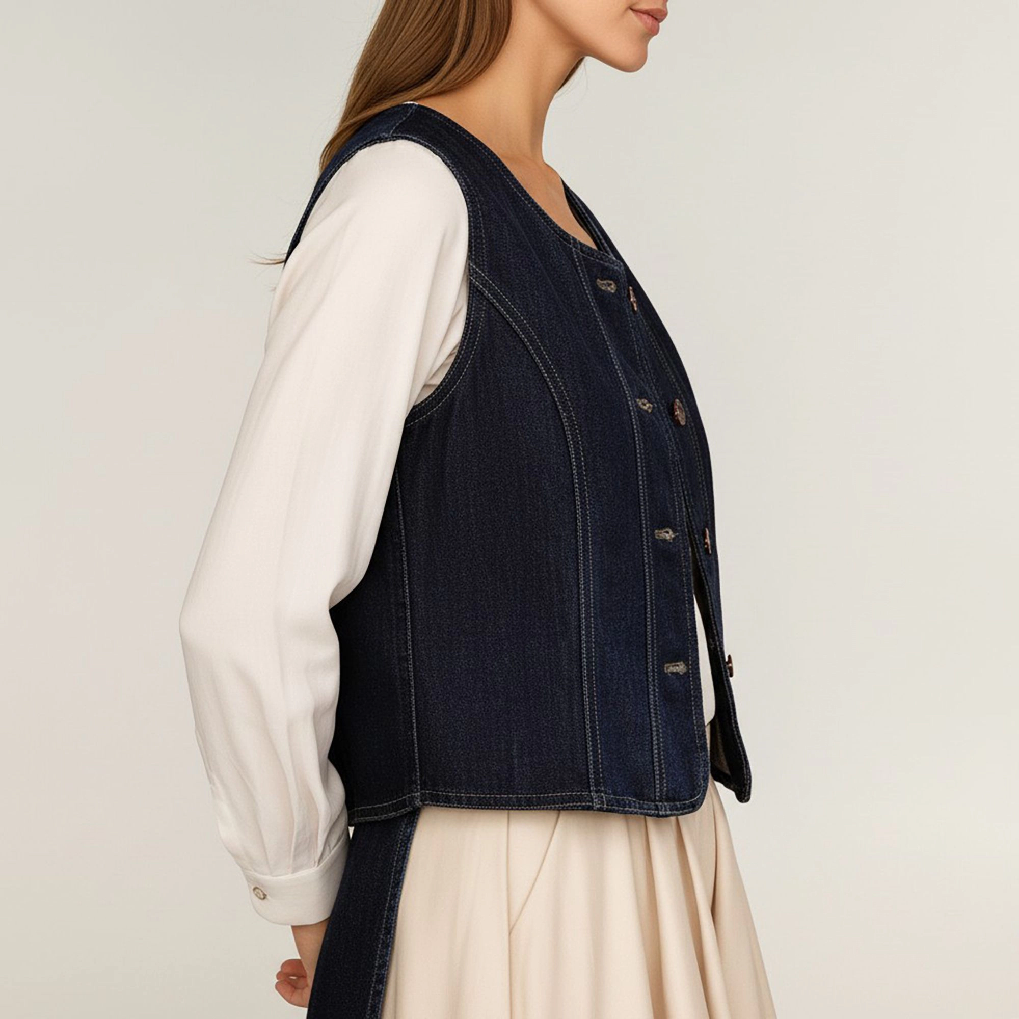 Anna-Kaci Women's Denim Vest with Round Neck Button Front Sleeveless Silhouette and Contrast Stitching