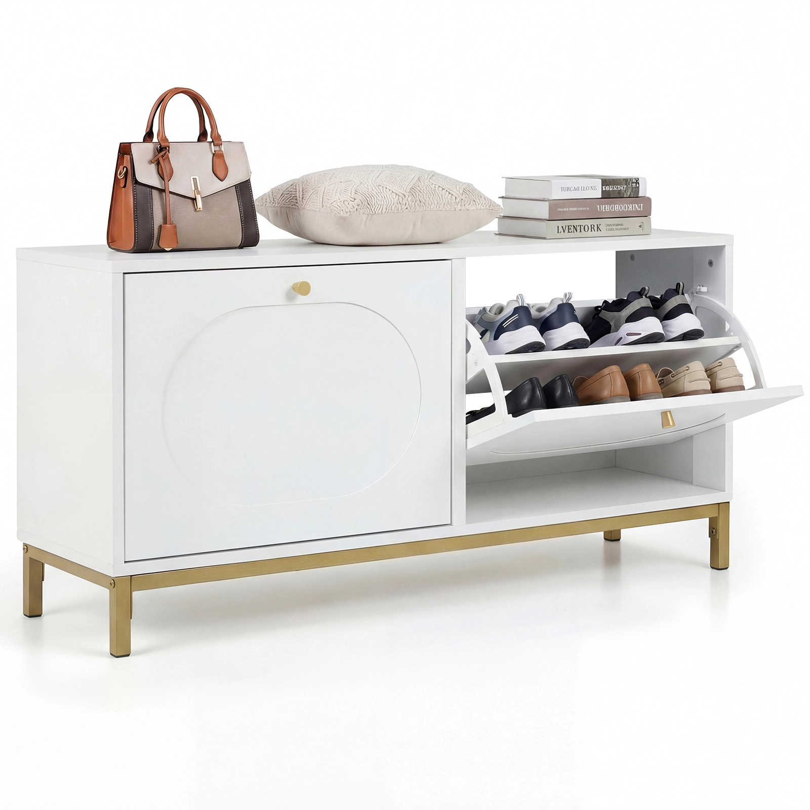 LJG Shoe Storage Bench Narrow Entryway Bench with 2 Flip Drawers Adjustable Shelves