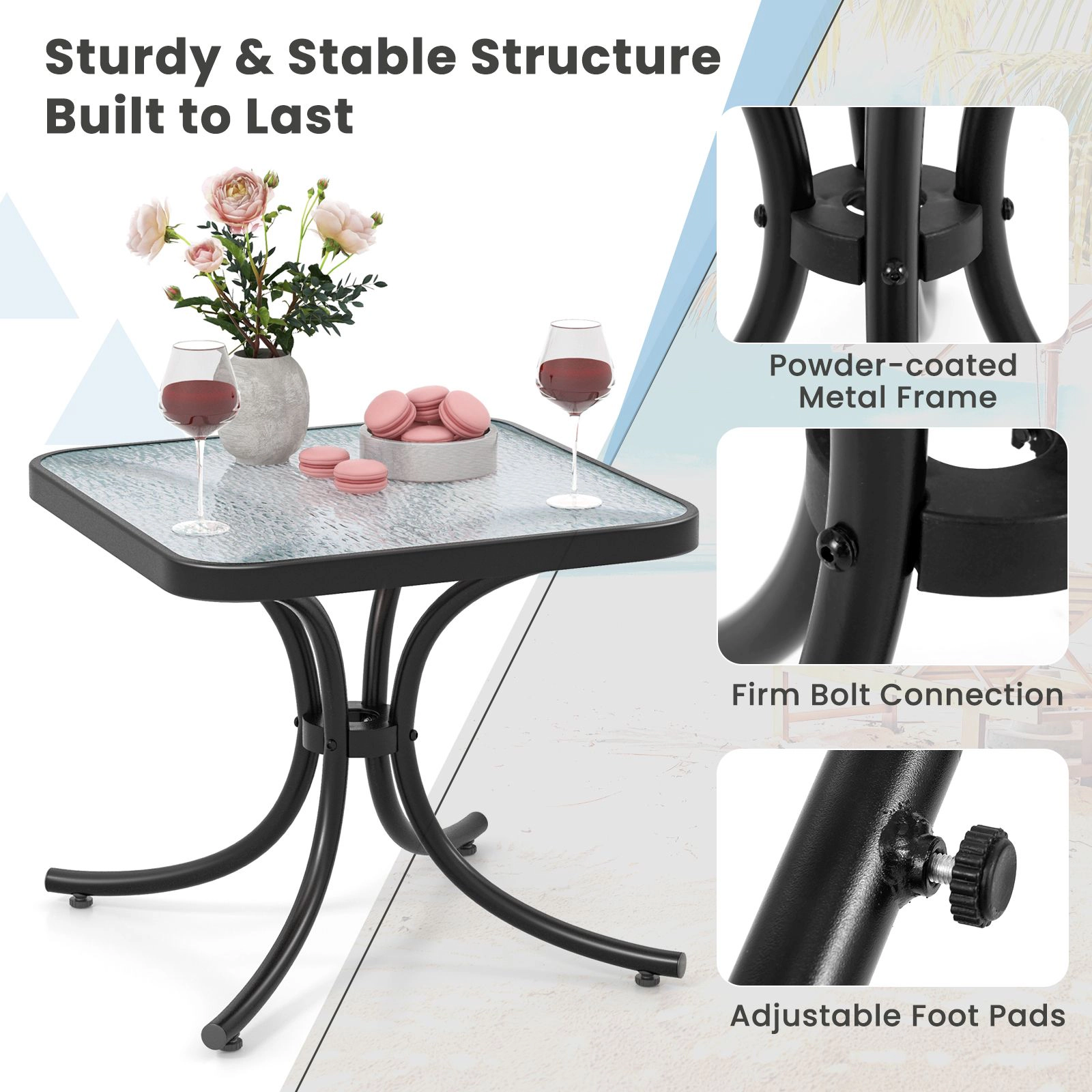 SlickBlue Outdoor Side Table with Tempered Glass Top and Metal Frame