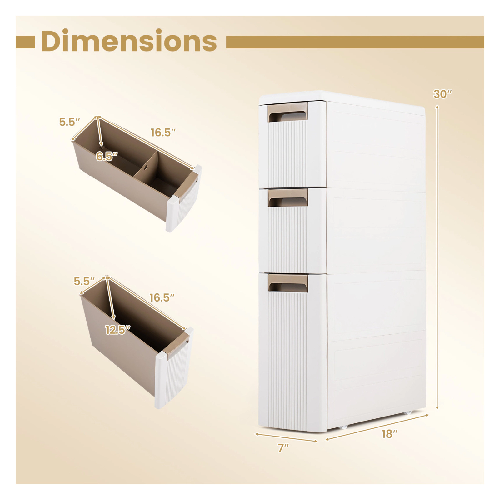 Glintex 3-Drawer Slim Rolling Storage Cart with Removable Dividers and Fluted Front, Beige
